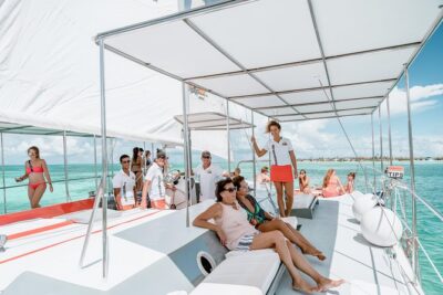 Aruba Happy Hour Sunset Sail with Savory Bites and Cocktails - The trimaran setup: sun, shade, and seat comfort